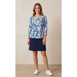 J. McLaughlin XL Preppy Beach Blue Floral Signature Catalina Cloth Top Coastal